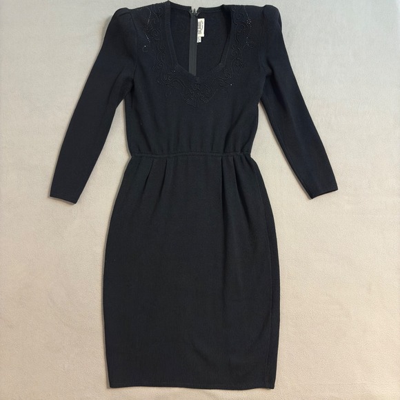 VTG St John by Marie Gray Black Knit Dress Embellished Long Sleeve Size 6 - Picture 1 of 12